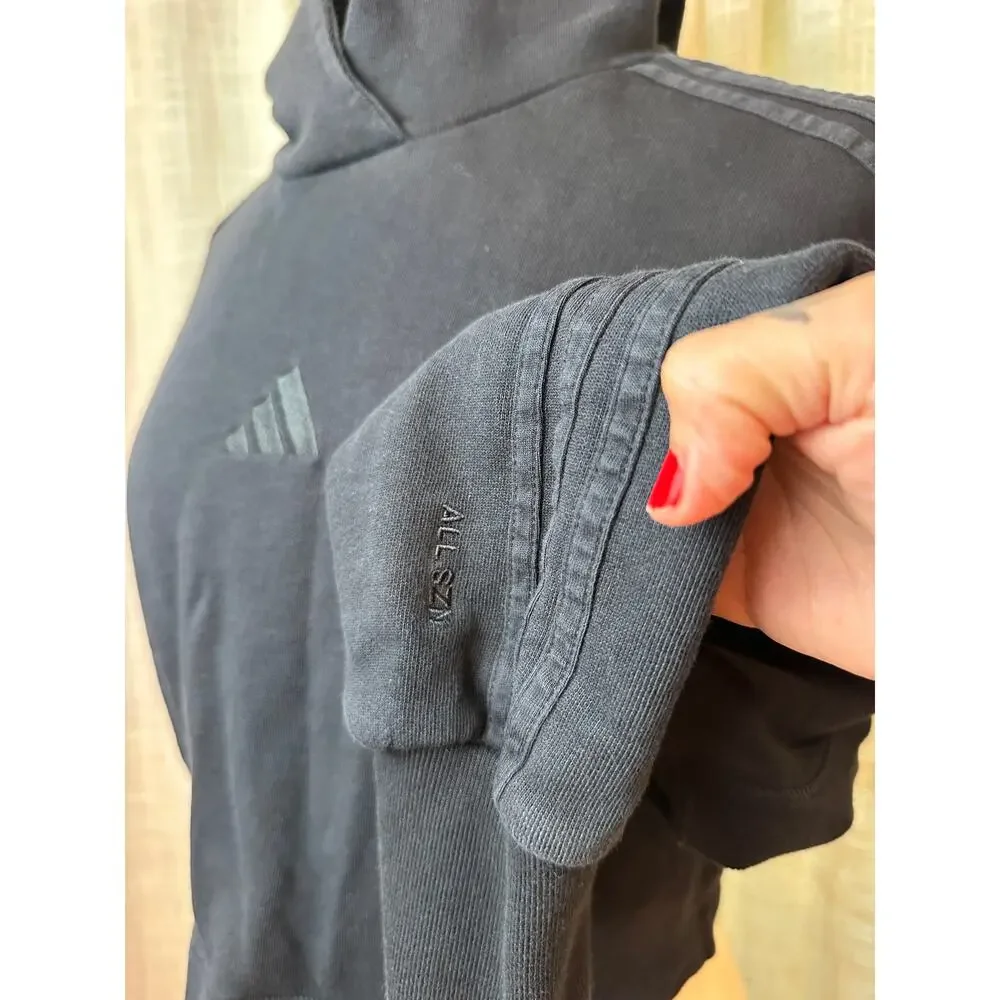 Adidas Womens Medium Cropped Hoodie Black Tonal Logo Oversized Sweatshirt M